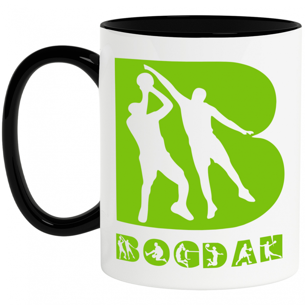 Cana Iubitorii De Bascketball, Minge, Siluete Sportivi, Text Nume Personalizat, Copii, Culoare Verde, Cu Litera, 330ML, Ceramica, Cu Maner si Interior Negru [1]