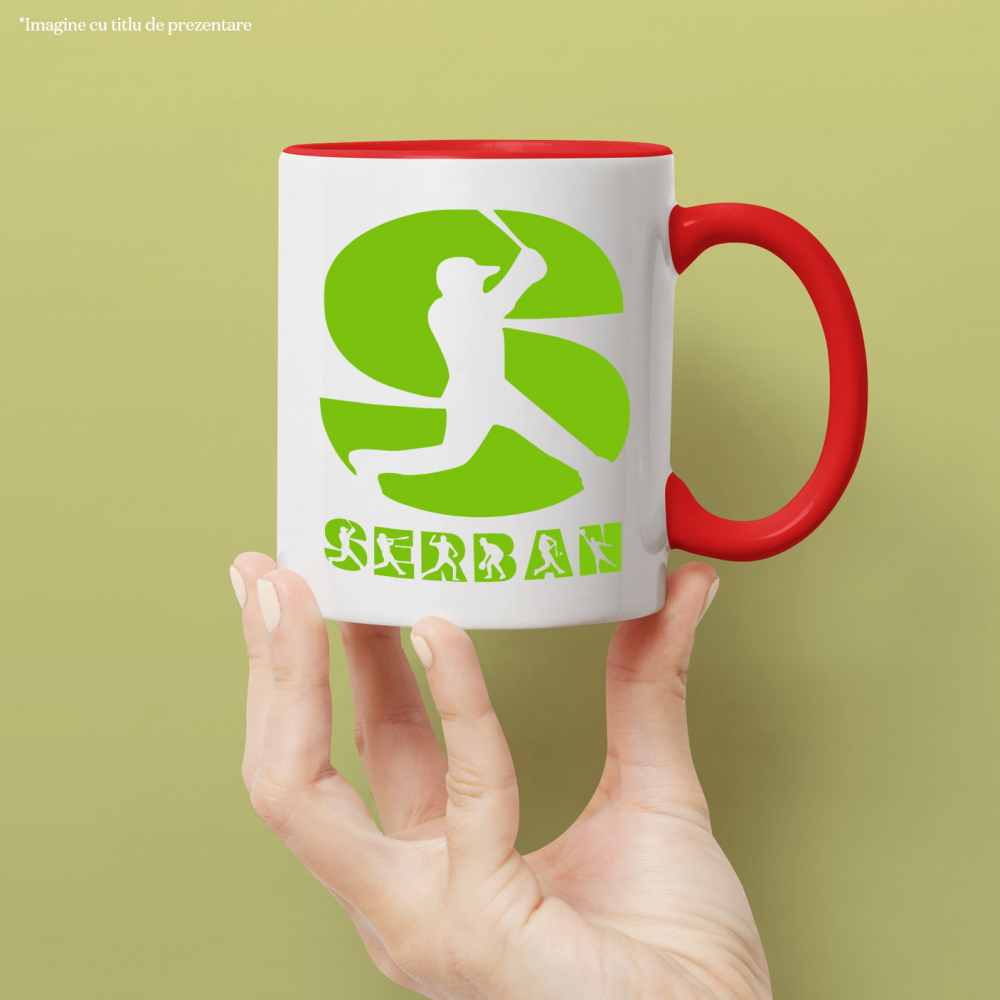 Cana Iubitorii De Baseball, Minge, Silueta Sportiv, Text Nume Personalizat, Copii, Culoare Verde, Cu Litera, 330ML, Ceramica, Cu Maner si Interior Rosu [2]