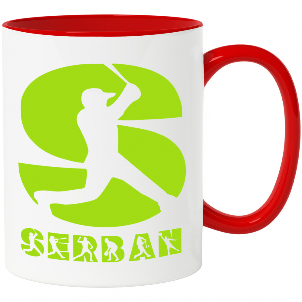 Cana Iubitorii De Baseball, Minge, Silueta Sportiv, Text Nume Personalizat, Copii, Culoare Verde, Cu Litera, 330ML, Ceramica, Cu Maner si Interior Rosu [1]