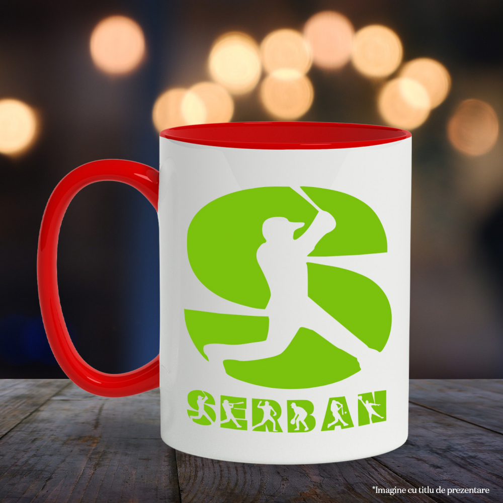 Cana Iubitorii De Baseball, Minge, Silueta Sportiv, Text Nume Personalizat, Copii, Culoare Verde, Cu Litera, 330ML, Ceramica, Cu Maner si Interior Rosu [3]