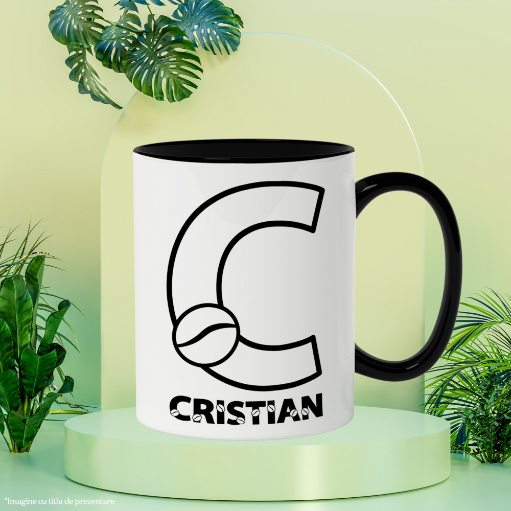 Cana Iubitorii De Cafea, Boabe Aromate, Text Nume Personalizat, Culoare Negru, Cu Litera, 330ML, Ceramica, Cu Maner si Interior Negru [3]