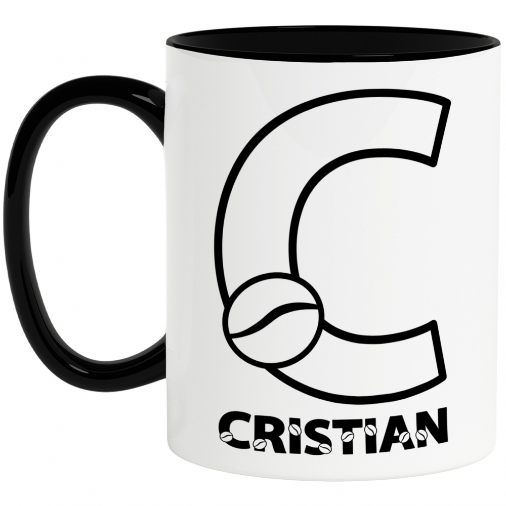 Cana Iubitorii De Cafea, Boabe Aromate, Text Nume Personalizat, Culoare Negru, Cu Litera, 330ML, Ceramica, Cu Maner si Interior Negru [1]