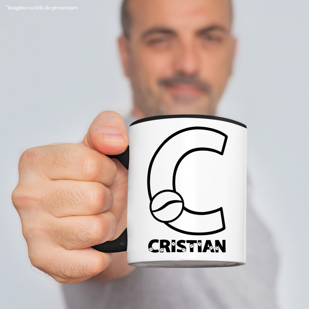 Cana Iubitorii De Cafea, Boabe Aromate, Text Nume Personalizat, Culoare Negru, Cu Litera, 330ML, Ceramica, Cu Maner si Interior Negru [2]