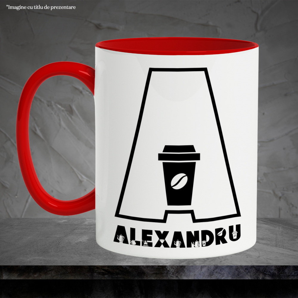 Cana Iubitorii De cafea, Energie Boabe, Text Nume Personalizat, Culoare Negru, Cu Litera, 330ML, Ceramica, Cu Maner si Interior Rosu [3]