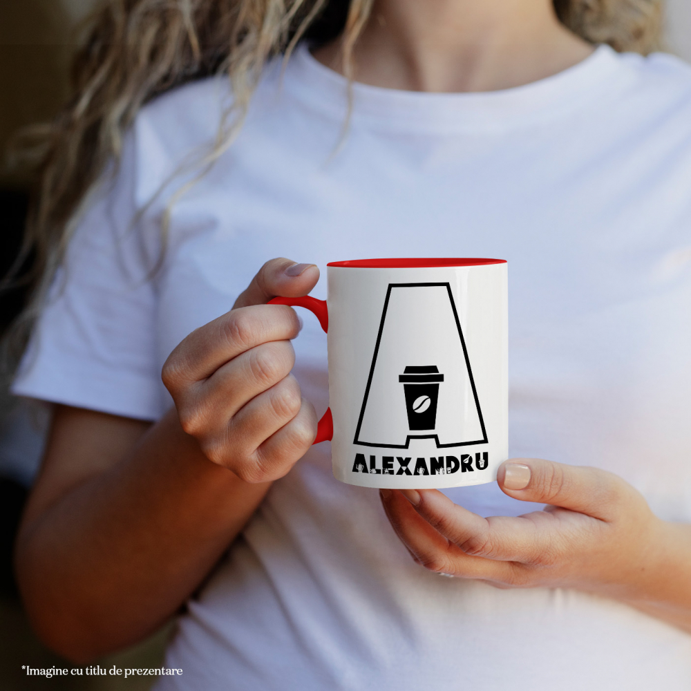 Cana Iubitorii De cafea, Energie Boabe, Text Nume Personalizat, Culoare Negru, Cu Litera, 330ML, Ceramica, Cu Maner si Interior Rosu [2]