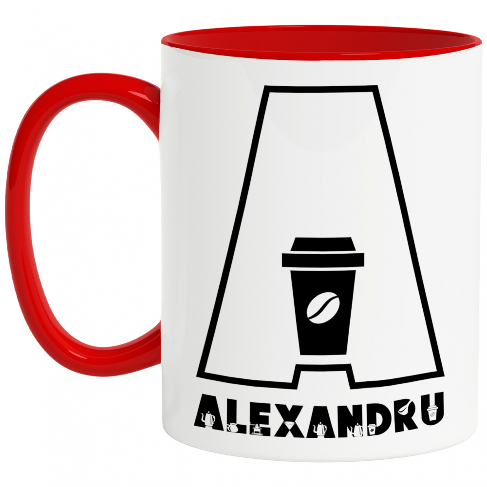 Cana Iubitorii De cafea, Energie Boabe, Text Nume Personalizat, Culoare Negru, Cu Litera, 330ML, Ceramica, Cu Maner si Interior Rosu [1]