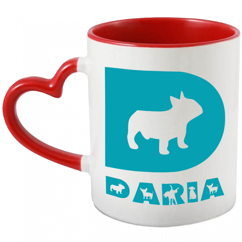 Cana Iubitorii De Caine Pug, Animal Blanos, Text Nume Personalizat, Culoare Albastru, Cu Litera, 330ML, Ceramica, Cu Maner Inima Rosie si Interior Rosu [1]