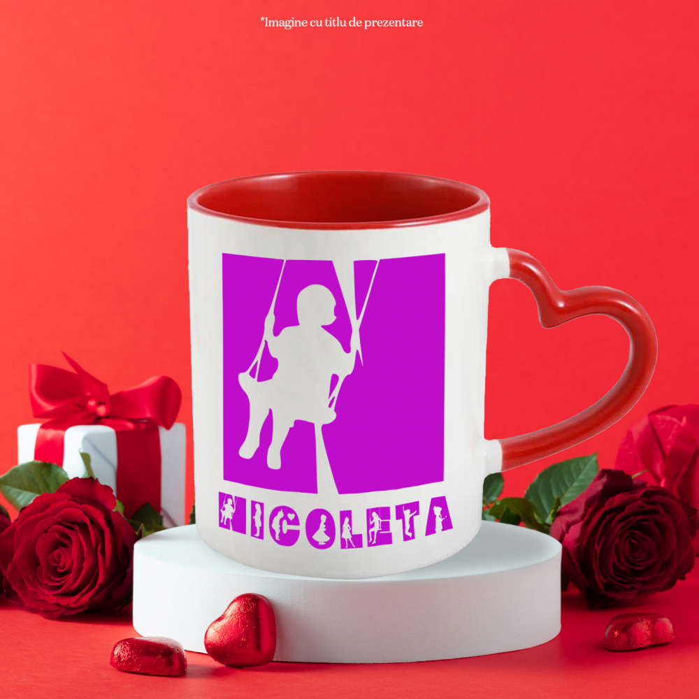 Cana Iubitorii De Copii, Siluete Diverse, Text Nume Personalizat, Parinte, Culoare Mov, Cu Litera, 330ML, Ceramica, Cu Maner Inima Rosie si Interior Rosu [3]
