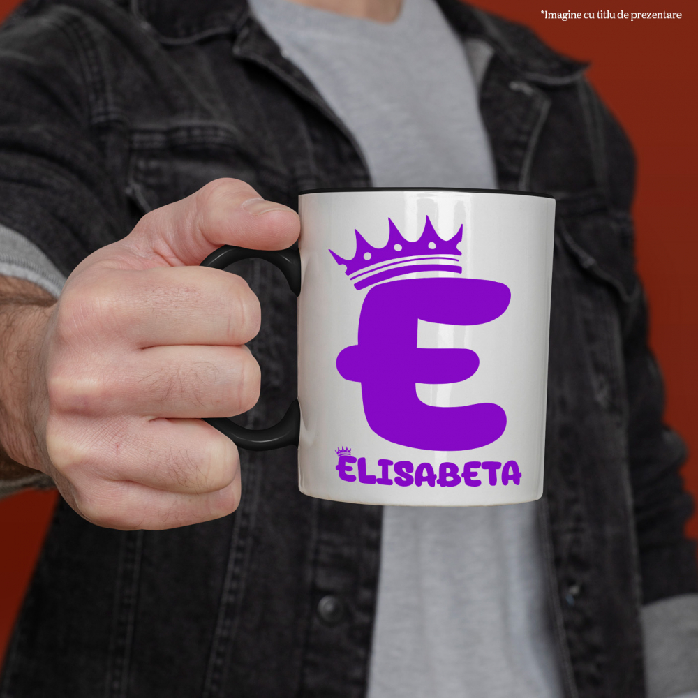 Cana Iubitorii De Coroane Regale, Text Nume Personalizat, Copii, Culoare Mov, Cu Litera, 330ML, Ceramica, Cu Maner si Interior Negru [2]