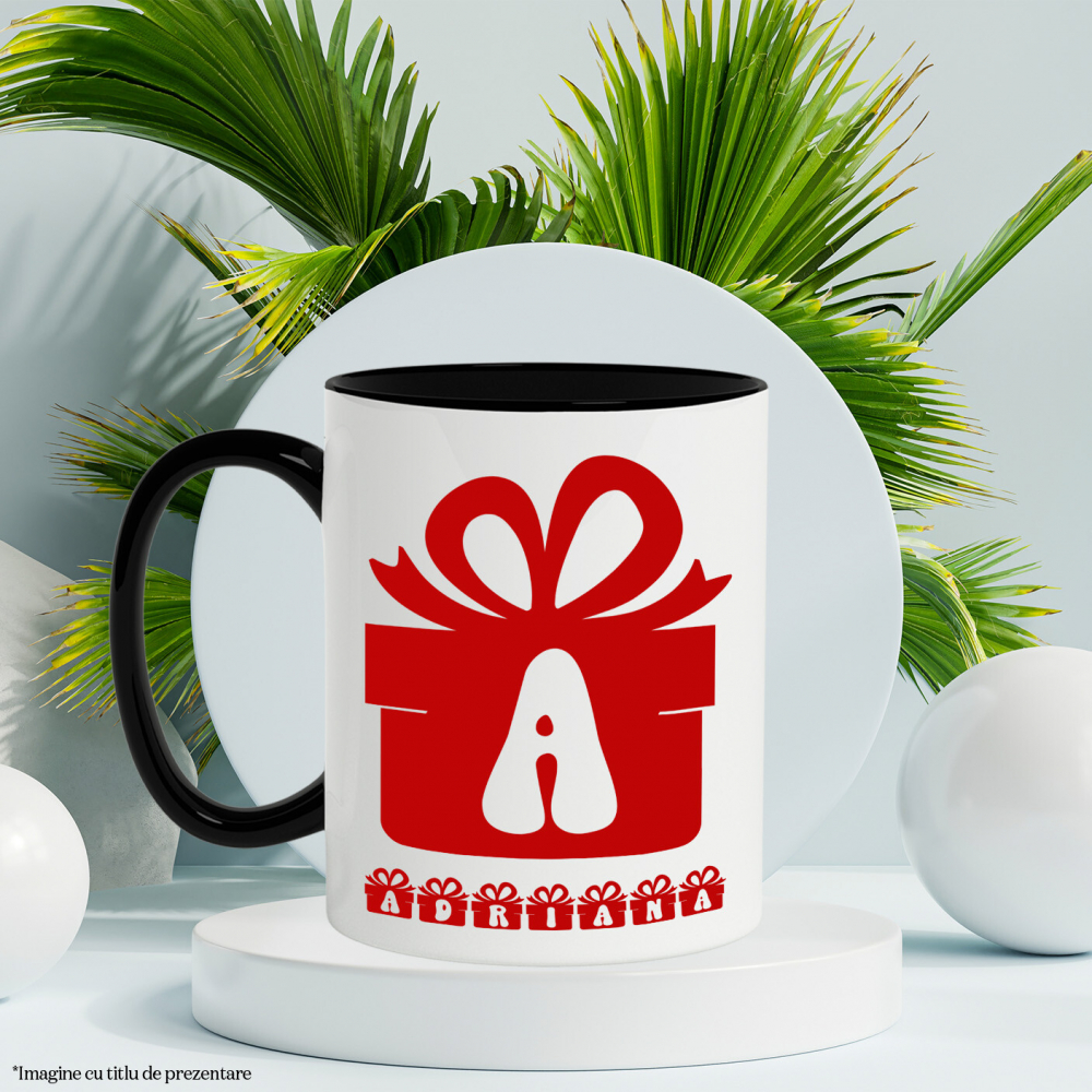 Cana Iubitorii De Craciun, Cadou Cu Funda, Text Nume Personalizat, Copii, Culoare Rosu, Cu Litera, 330ML, Ceramica, Cu Maner si Interior Negru [3]