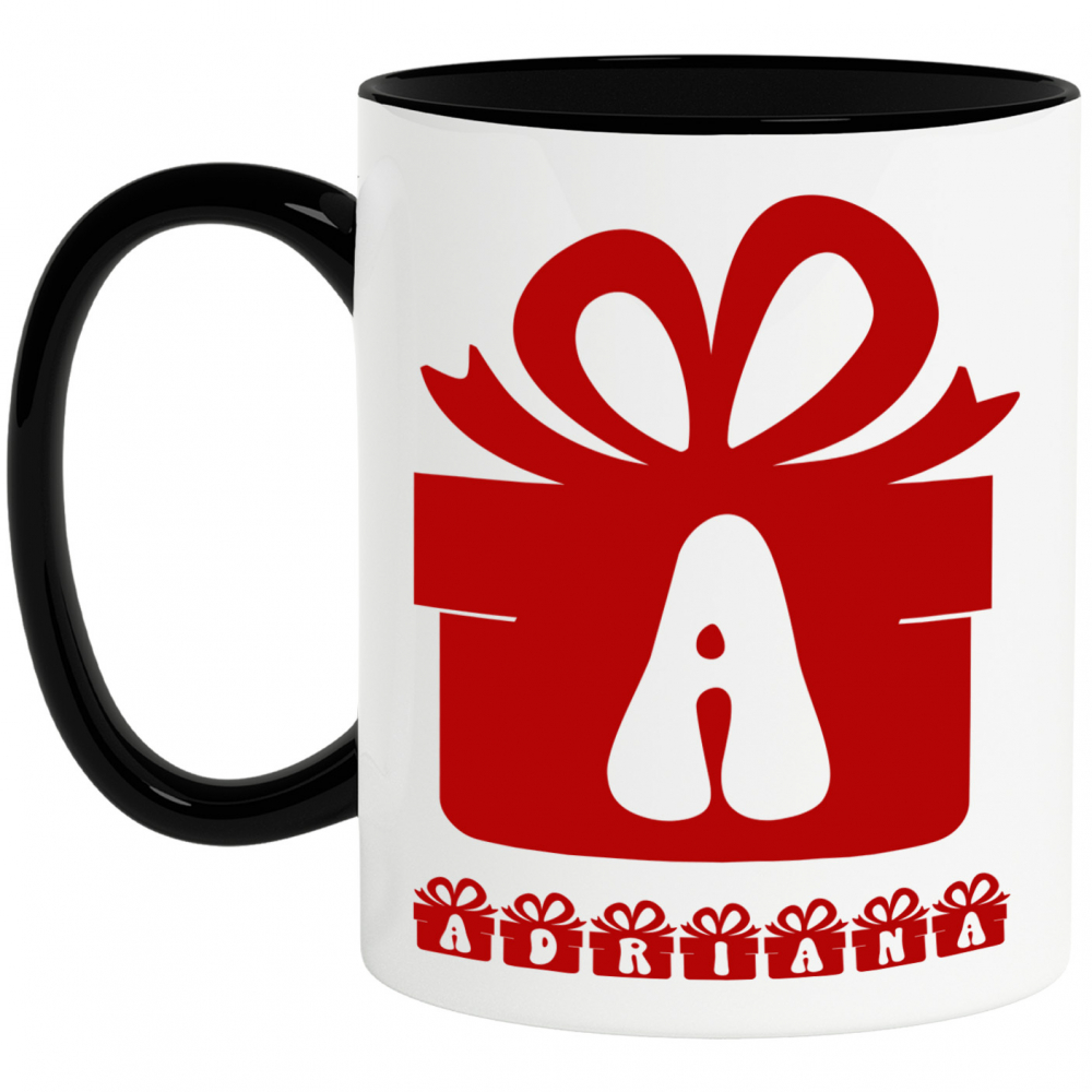 Cana Iubitorii De Craciun, Cadou Cu Funda, Text Nume Personalizat, Copii, Culoare Rosu, Cu Litera, 330ML, Ceramica, Cu Maner si Interior Negru [1]