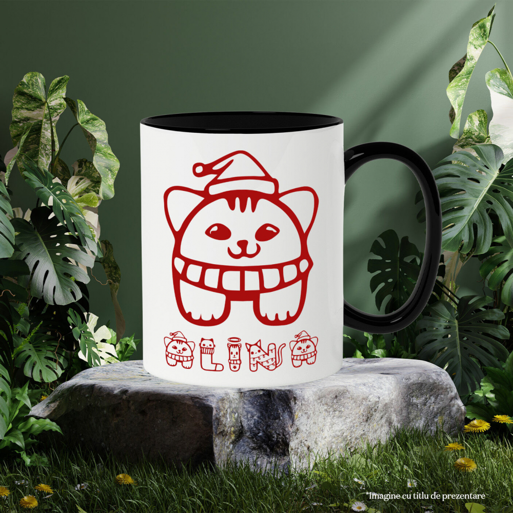 Cana Iubitorii De Craciun, Caine Cu Fular Si Caciula, Text Nume Personalizat, Culoare Rosu, Cu Litera, 330ML, Ceramica, Cu Maner si Interior Negru [3]