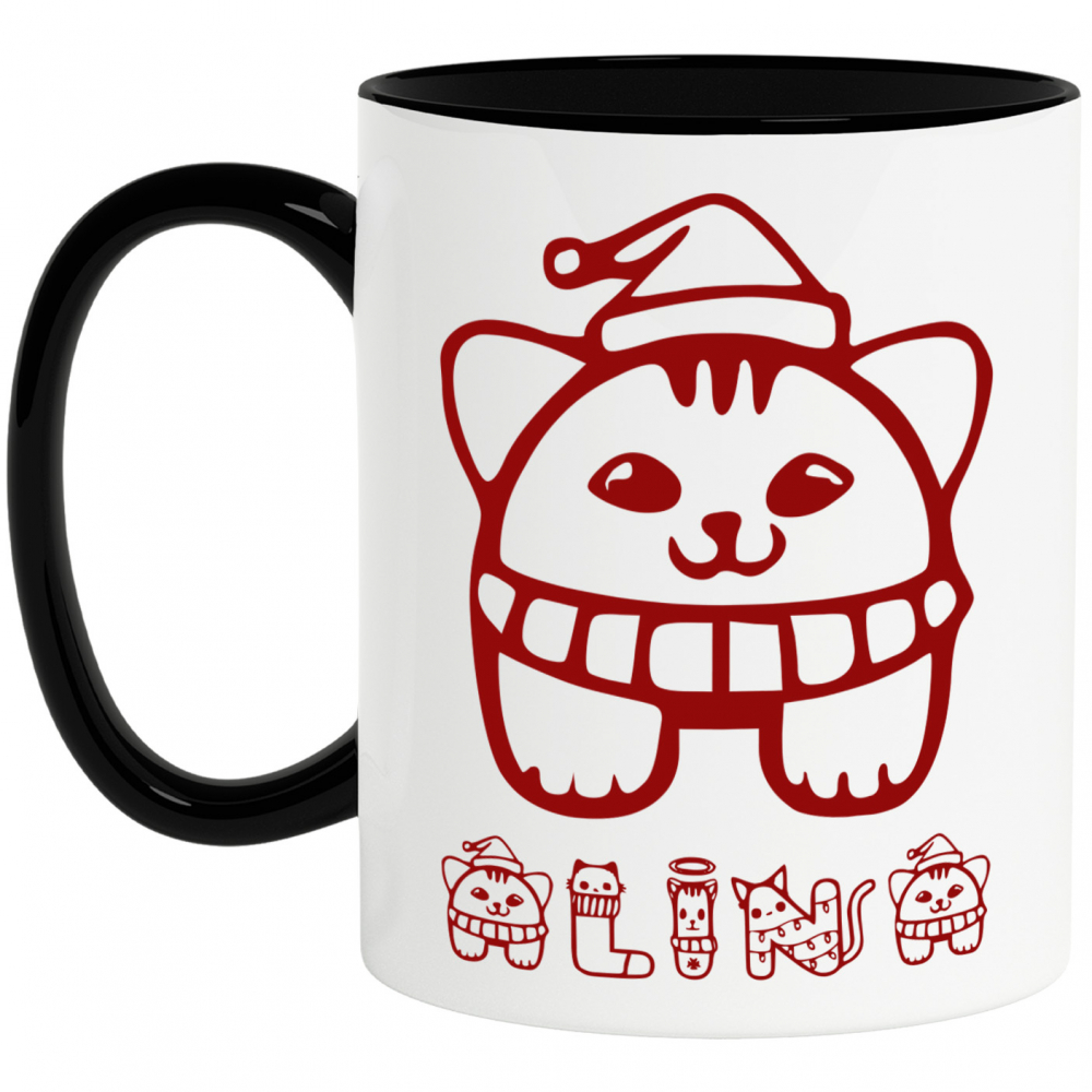 Cana Iubitorii De Craciun, Caine Cu Fular Si Caciula, Text Nume Personalizat, Culoare Rosu, Cu Litera, 330ML, Ceramica, Cu Maner si Interior Negru [1]