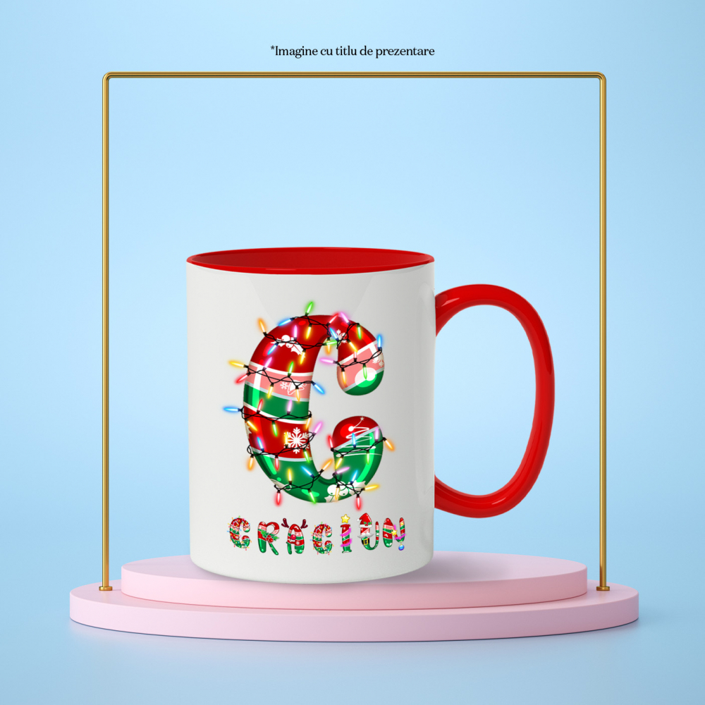 Cana Iubitorii De Craciun, Instalatie Pom, Text Nume Personalizat, Copii, Culoare Rosu, alb, Verde, Cu Litera, 330ML, Ceramica, Cu Maner si Interior Rosu [3]