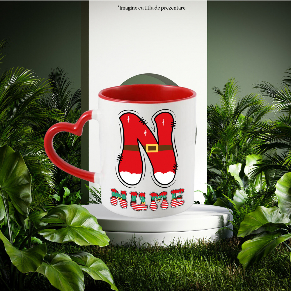 Cana Iubitorii De Craciun, Mos Craciun, Text Nume Personalizat, Copii, Culoare Rosu, alb, Verde, Cu Litera, 330ML, Ceramica, Cu Maner Inima Rosie si Interior Rosu [2]