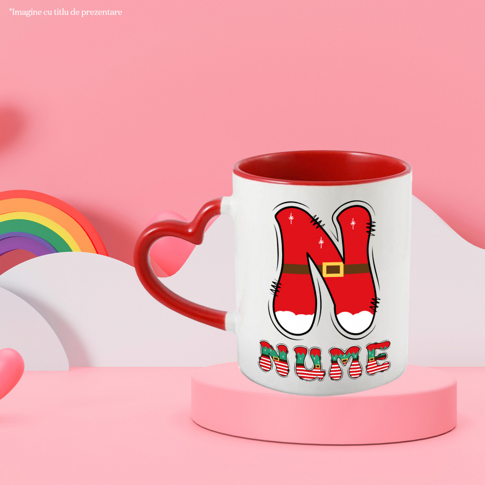 Cana Iubitorii De Craciun, Mos Craciun, Text Nume Personalizat, Copii, Culoare Rosu, alb, Verde, Cu Litera, 330ML, Ceramica, Cu Maner Inima Rosie si Interior Rosu [3]