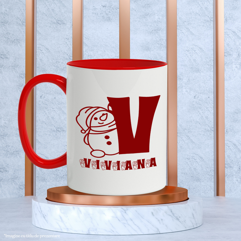 Cana Iubitorii De Craciun, Urs Gras Cu Caciula, Text Nume Personalizat, Copii, Culoare Rosu, Cu Litera, 330ML, Ceramica, Cu Maner si Interior Rosu [3]