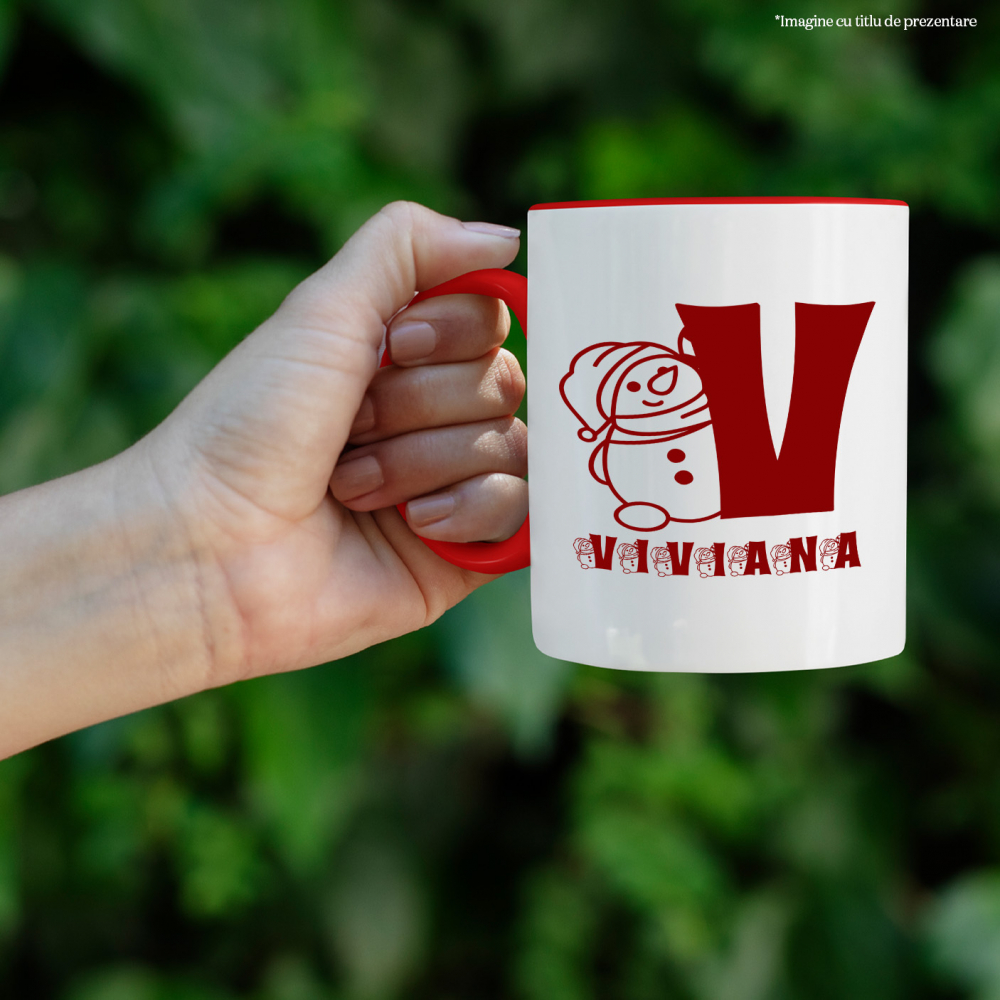 Cana Iubitorii De Craciun, Urs Gras Cu Caciula, Text Nume Personalizat, Copii, Culoare Rosu, Cu Litera, 330ML, Ceramica, Cu Maner si Interior Rosu [2]