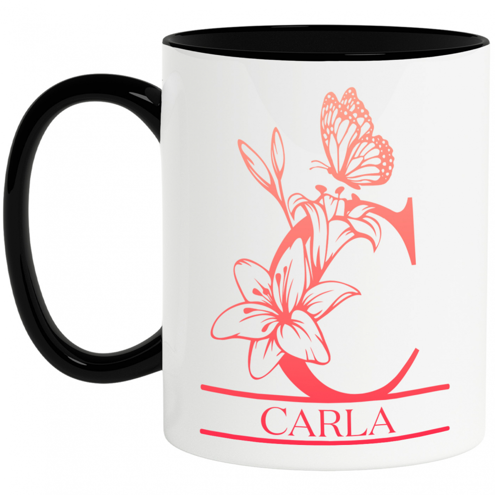 Cana Iubitorii De Crini, Flori,Fluture Natura, Text Nume Personalizat, Dragoste, Culoare Rosu, Cu Litera, 330ML, Ceramica, Cu Maner si Interior Negru [1]