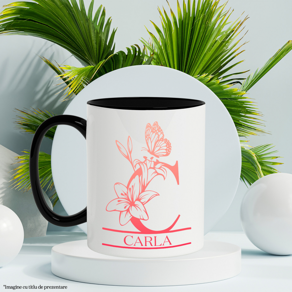 Cana Iubitorii De Crini, Flori,Fluture Natura, Text Nume Personalizat, Dragoste, Culoare Rosu, Cu Litera, 330ML, Ceramica, Cu Maner si Interior Negru [3]