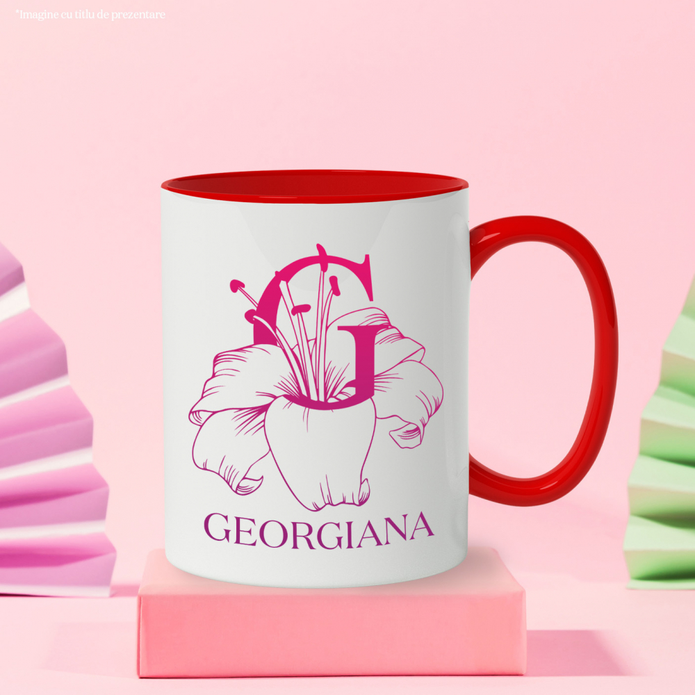 Cana Iubitorii De Crini, Flori, Natura, Text Nume Personalizat, Dragoste, Culoare Rosu, Cu Litera, 330ML, Ceramica, Cu Maner si Interior Rosu [3]