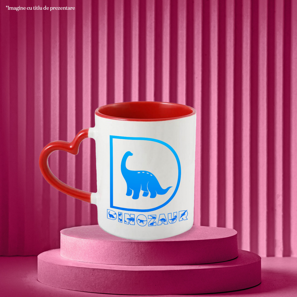 Cana Iubitorii De Dinozauri, Animal, Text Personalizat, Culoare Albastru,Copii, Cu Litera, 330ML, Ceramica, Cu Maner Inima Rosie si Interior Rosu [2]