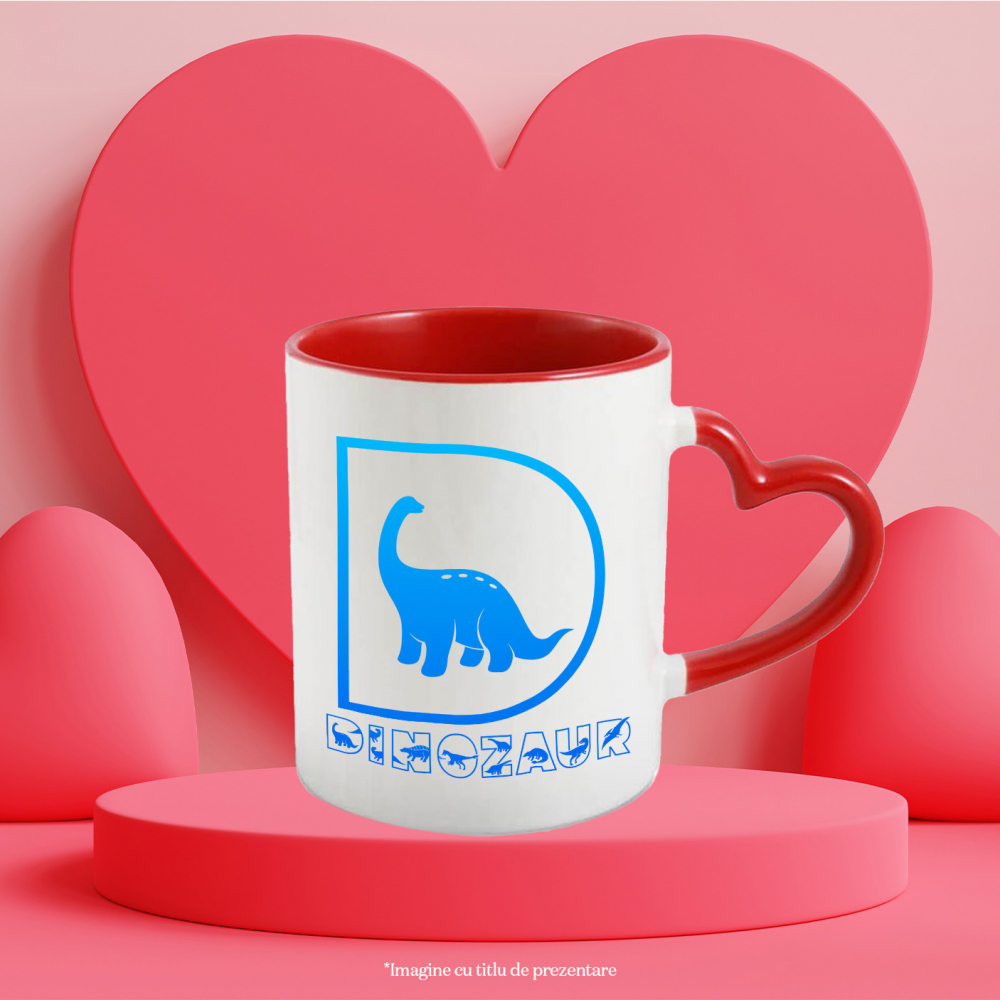 Cana Iubitorii De Dinozauri, Animal, Text Personalizat, Culoare Albastru,Copii, Cu Litera, 330ML, Ceramica, Cu Maner Inima Rosie si Interior Rosu [3]