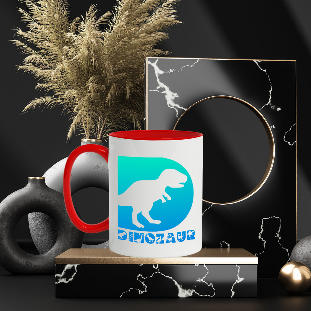 Cana Iubitorii De Dinozauri, Animal, Text Personalizat, Culoare Verde Gradient,Copii, Cu Litera, 330ML, Ceramica, Cu Maner si Interior Rosu [3]