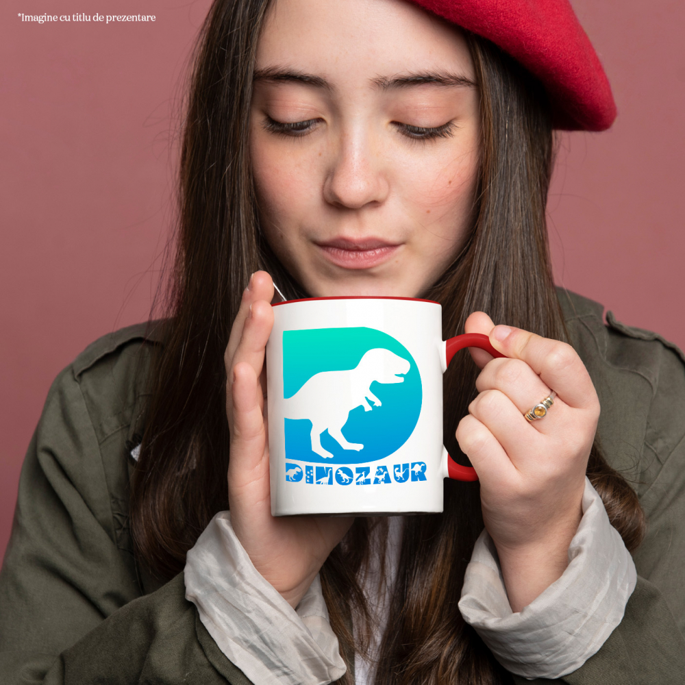 Cana Iubitorii De Dinozauri, Animal, Text Personalizat, Culoare Verde Gradient,Copii, Cu Litera, 330ML, Ceramica, Cu Maner si Interior Rosu [2]