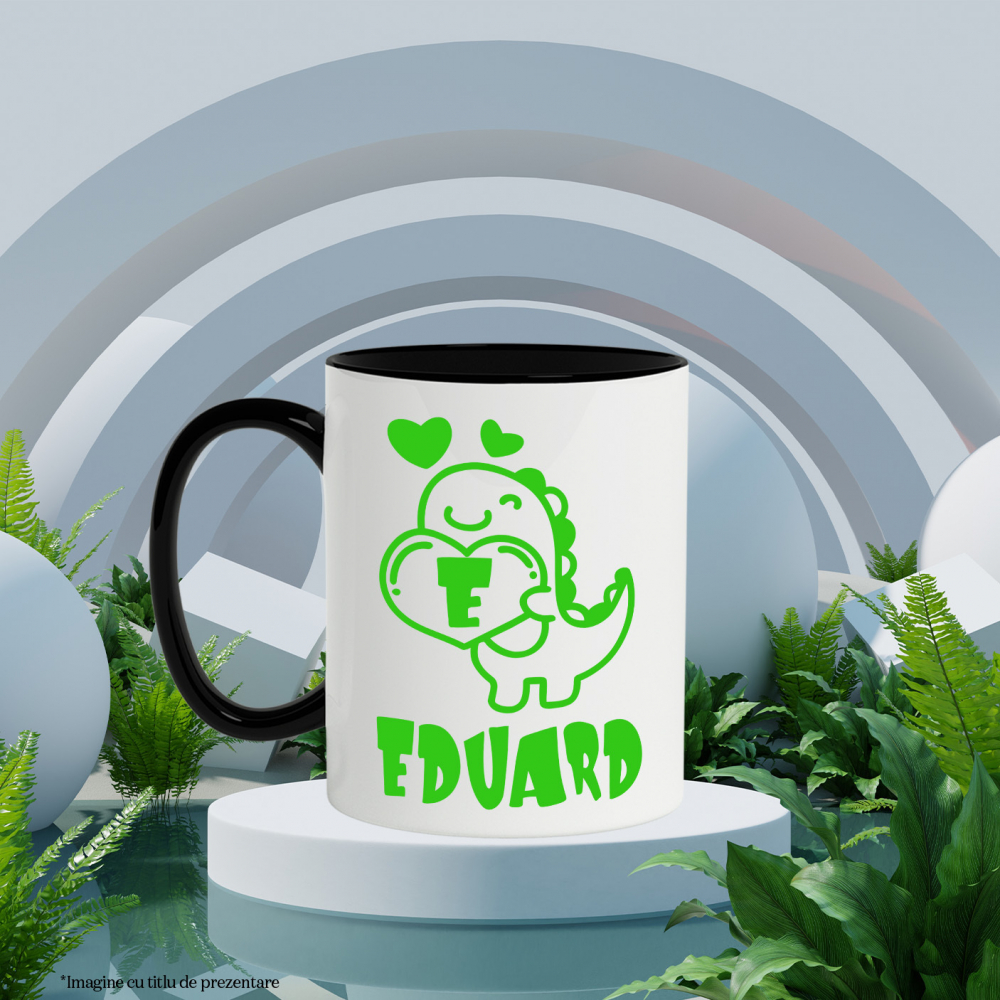 Cana Iubitorii De Dinozauri, Pancarda Inima Cifra, Text Personalizat, Culoare Verde, Cu Litera, 330ML, Ceramica, Cu Maner si Interior Negru [3]