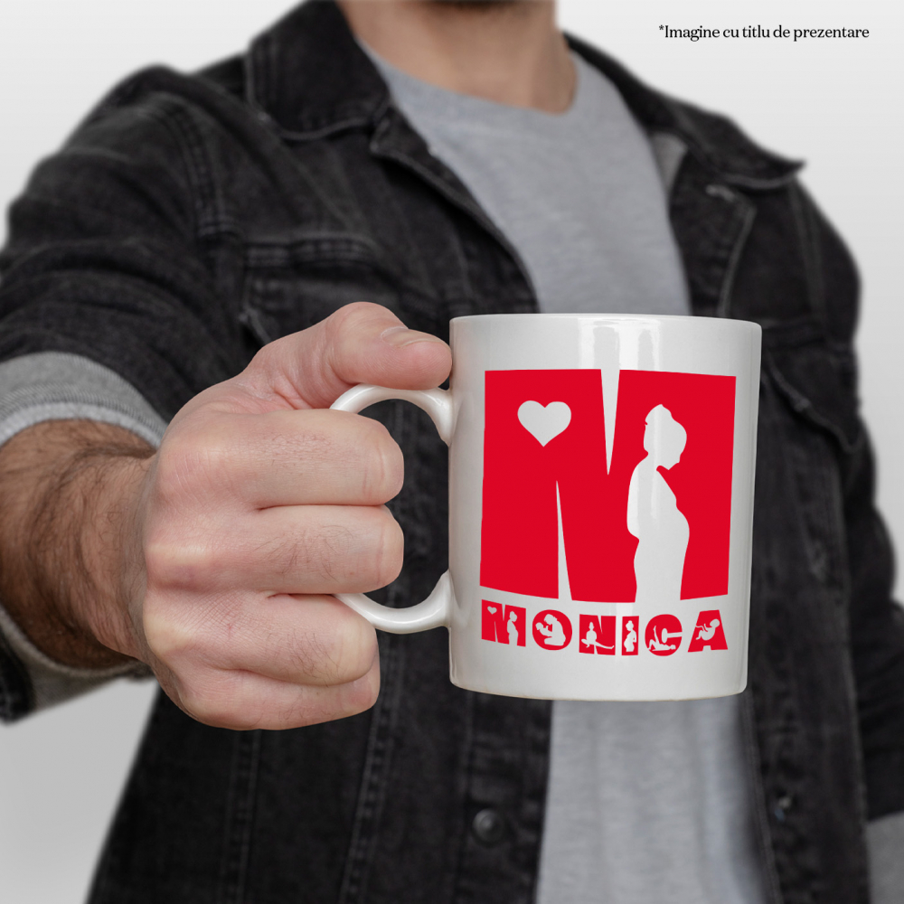 Cana Iubitorii De Familie, Femeie insarcinata, Text Nume Personalizat, copii, Culoare Rosu, Cu Litera, 330ML, Ceramica, Cu Maner si Interior Alb [2]
