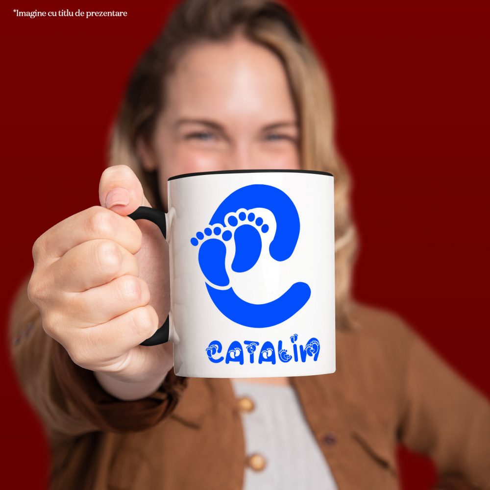 Cana Iubitorii De Familie, Nou Nascut, Unicorn, Text Nume Personalizat, copii, Culoare Albastru, Cu Litera, 330ML, Ceramica, Cu Maner si Interior Negru [2]