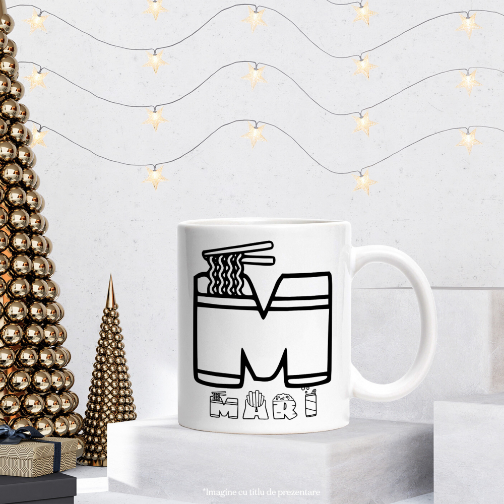 Cana Iubitorii De Fast Food, Noodles Cartofi, Text Nume Personalizat, Culoare Negru, Cu Litera, 330ML, Ceramica, Cu Maner si Interior Alb [3]