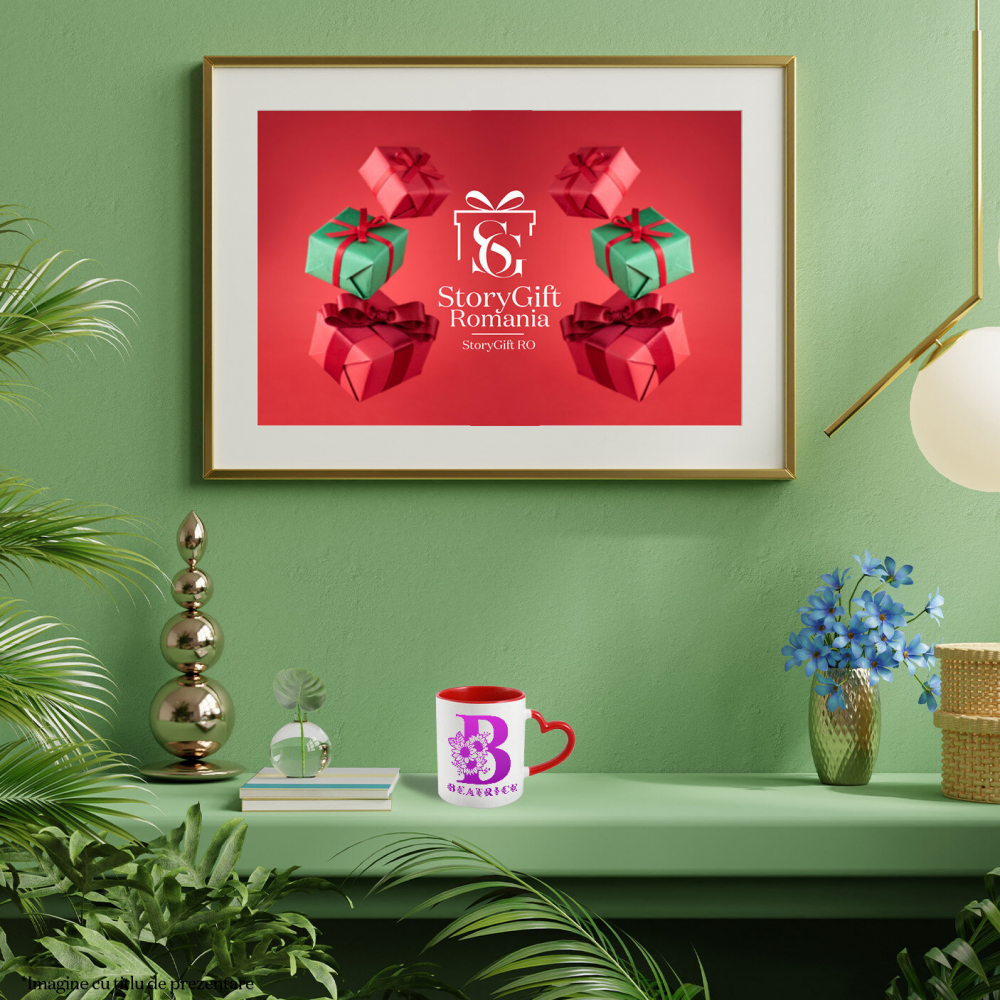 Cana Iubitorii De Flori, Natura, Text Nume Personalizat, Dragoste, Culoare Mov, Cu Litera, 330ML, Ceramica, Cu Maner Inima Rosie si Interior Rosu [4]