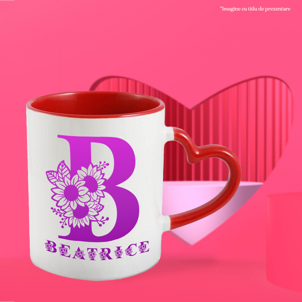 Cana Iubitorii De Flori, Natura, Text Nume Personalizat, Dragoste, Culoare Mov, Cu Litera, 330ML, Ceramica, Cu Maner Inima Rosie si Interior Rosu [2]