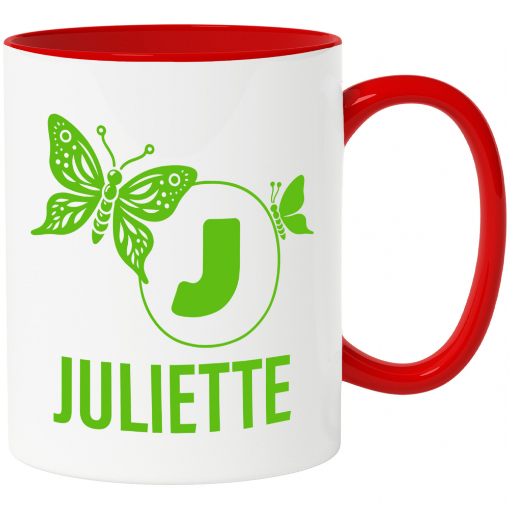 Cana Iubitorii De Fluturi, Fiinta Zburatoare, Text Nume Personalizat, Culoare Verde, Cu Litera, 330ML, Ceramica, Cu Maner si Interior Rosu [1]