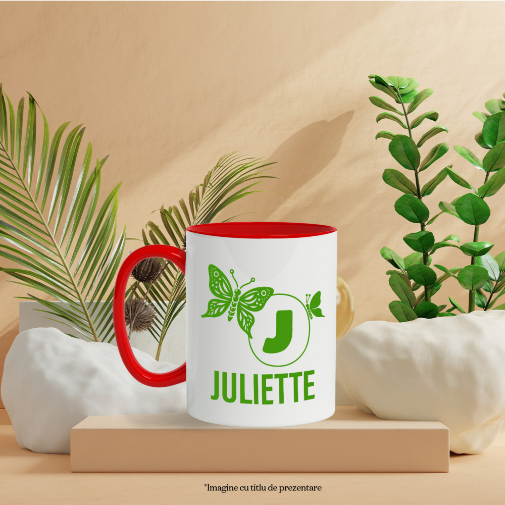Cana Iubitorii De Fluturi, Fiinta Zburatoare, Text Nume Personalizat, Culoare Verde, Cu Litera, 330ML, Ceramica, Cu Maner si Interior Rosu [3]