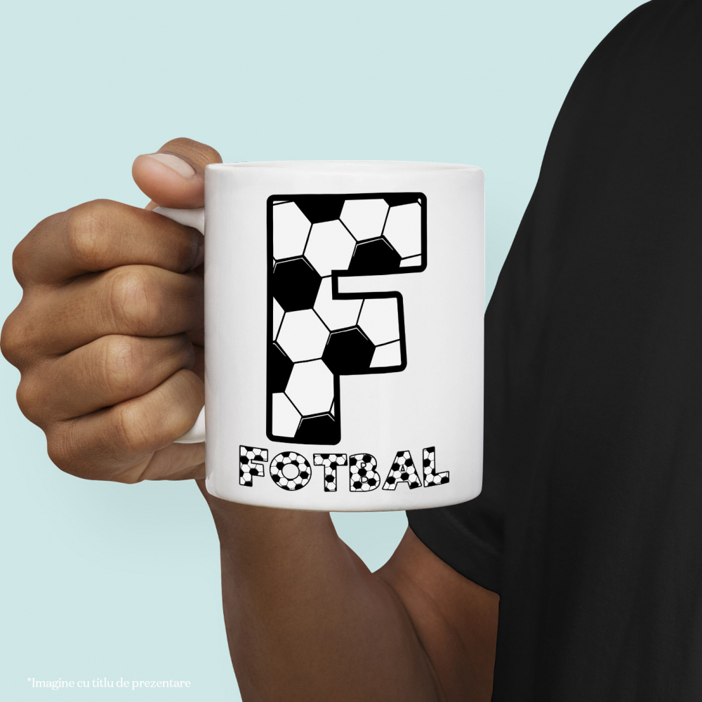 Cana Iubitorii De Fotbal, Minge, Sport, Text Nume Personalizat, Copii, Culoare Alb Negru, Cu Litera, 330ML, Ceramica, Cu Maner si Interior Alb [2]