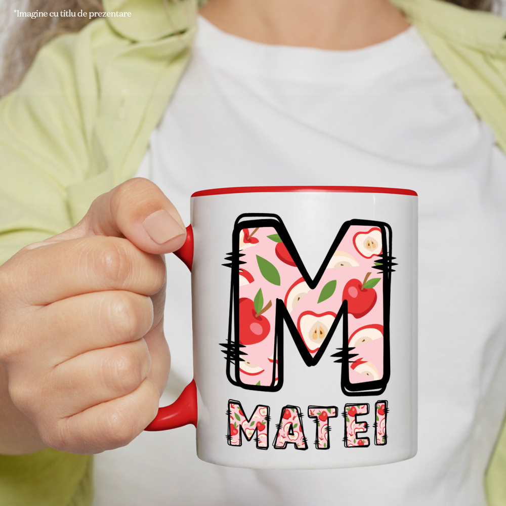 Cana Iubitorii De Fruct mar, sanatate, Text Nume Personalizat, Multicolor, Cu Litera, 330ML, Ceramica, Cu Maner si Interior Rosu [2]