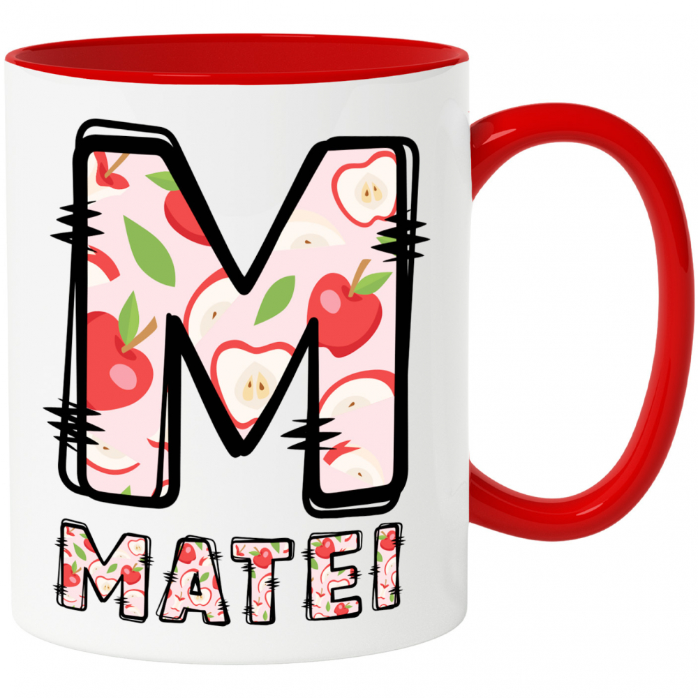 Cana Iubitorii De Fruct mar, sanatate, Text Nume Personalizat, Multicolor, Cu Litera, 330ML, Ceramica, Cu Maner si Interior Rosu [1]