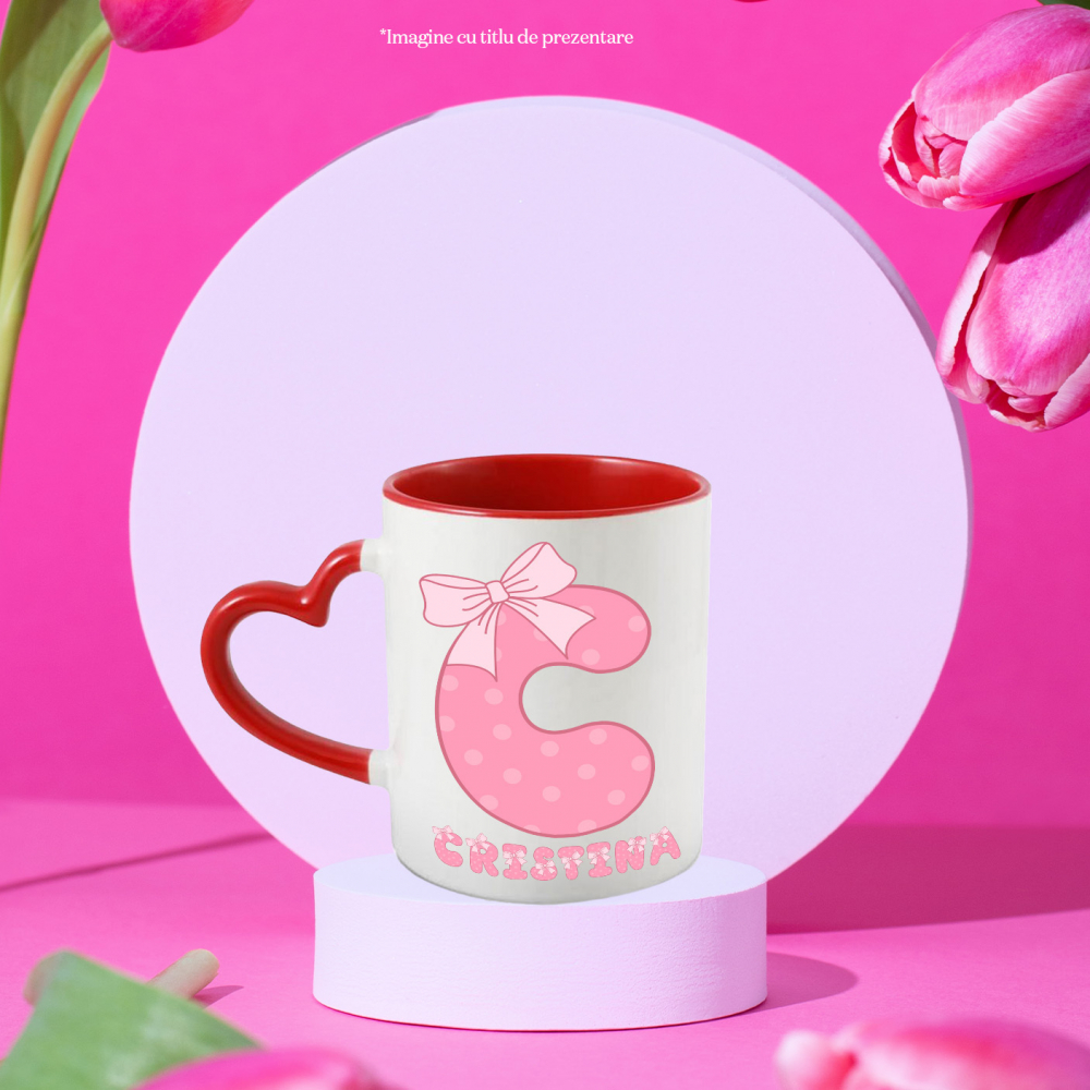 Cana Iubitorii De Funde, Feminitate, Text Nume Personalizat, Culoare Roz Cu Buline, Cu Litera, 330ML, Ceramica, Cu Maner Inima Rosie si Interior Rosu [2]