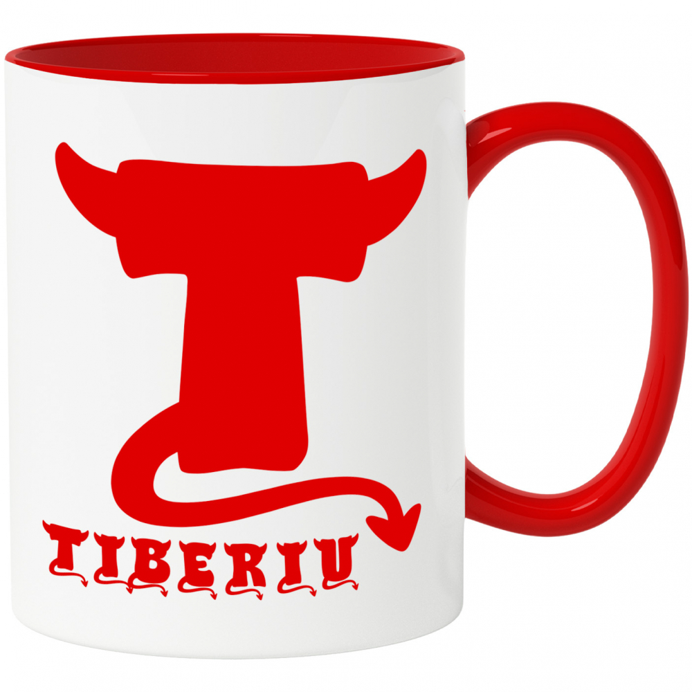 Cana Iubitorii De Hallowen, Coarne Diavol, Text Nume Personalizat, Copii, Culoare Rosu, Cu Litera, 330ML, Ceramica, Cu Maner si Interior Rosu [1]