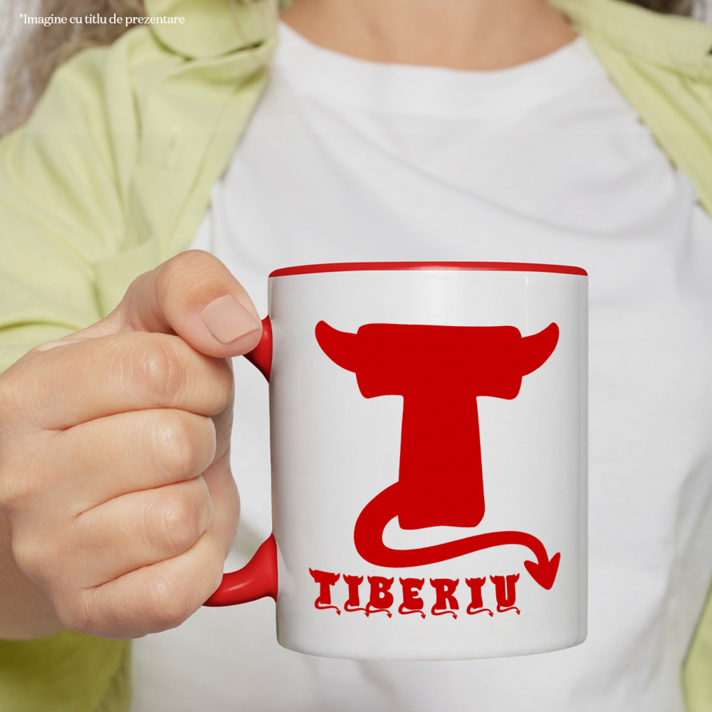 Cana Iubitorii De Hallowen, Coarne Diavol, Text Nume Personalizat, Copii, Culoare Rosu, Cu Litera, 330ML, Ceramica, Cu Maner si Interior Rosu [2]