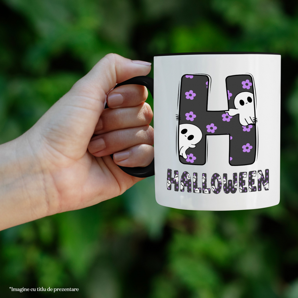 Cana Iubitorii De Hallowen, Fantome, Text Nume Personalizat, Copii, Culoare Negru, Cu Litera, 330ML, Ceramica, Cu Maner si Interior Negru [2]