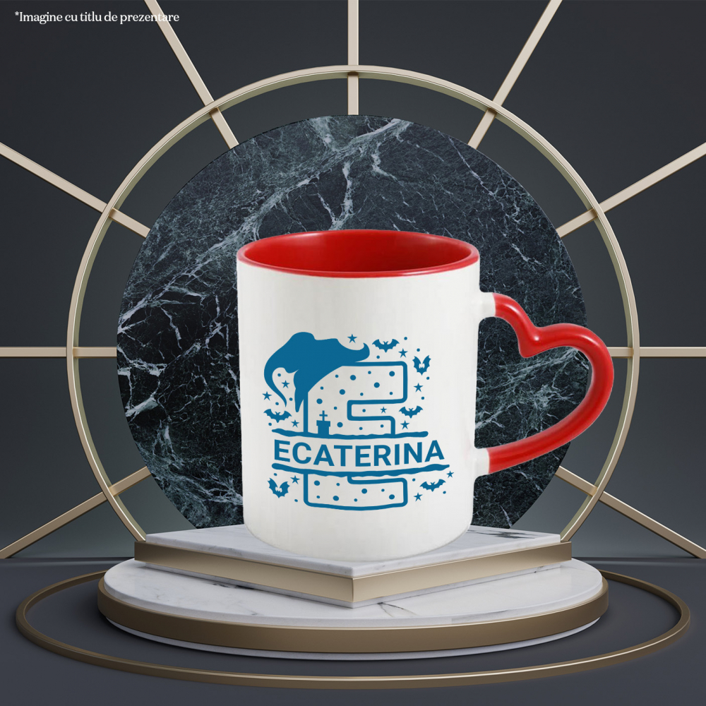 Cana Iubitorii De Hallowen, Lilieci, Palarie Vrajitoare, Text Nume Personalizat, Copii, Culoare Albastru, Cu Litera, 330ML, Ceramica, Cu Maner Inima Rosie si Interior Rosu [2]