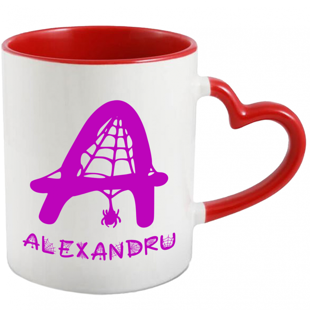 Cana Iubitorii De Hallowen, Panza De Paianjen, Text Nume Personalizat, Copii, Culoare Mov, Cu Litera, 330ML, Ceramica, Cu Maner Inima Rosie si Interior Rosu [1]