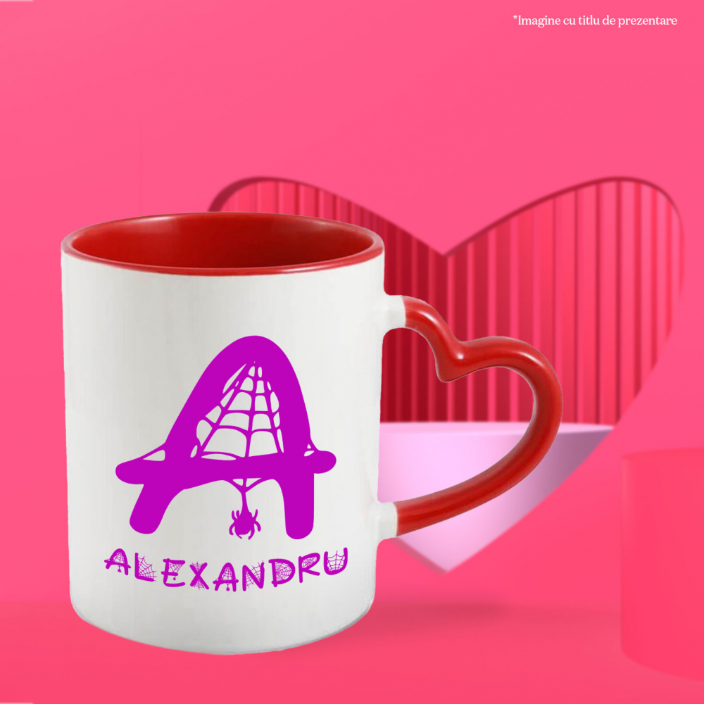 Cana Iubitorii De Hallowen, Panza De Paianjen, Text Nume Personalizat, Copii, Culoare Mov, Cu Litera, 330ML, Ceramica, Cu Maner Inima Rosie si Interior Rosu [2]