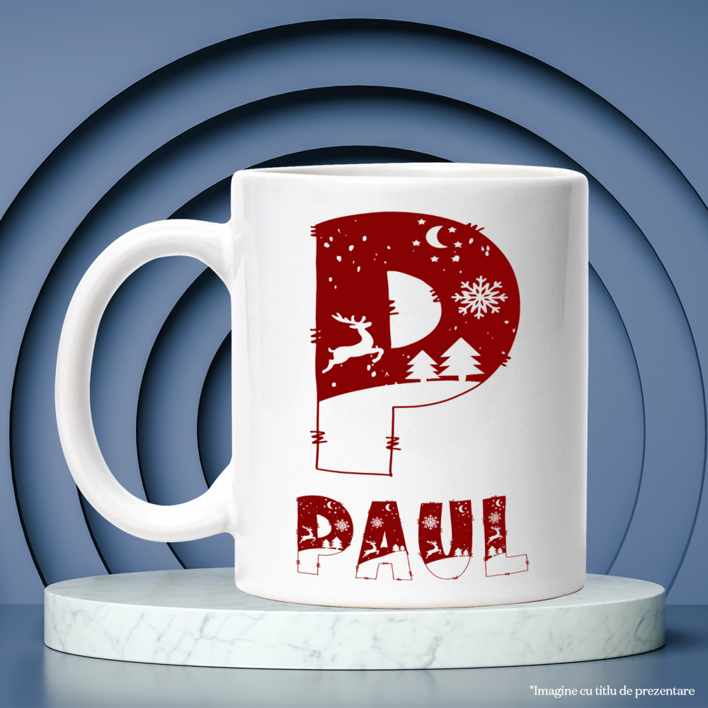 Cana Iubitorii De Iarna, Cangur, Fulgi De Nea, Text Nume Personalizat, Copii, Culoare Rosu, Cu Litera, 330ML, Ceramica, Cu Maner si Interior Alb [3]