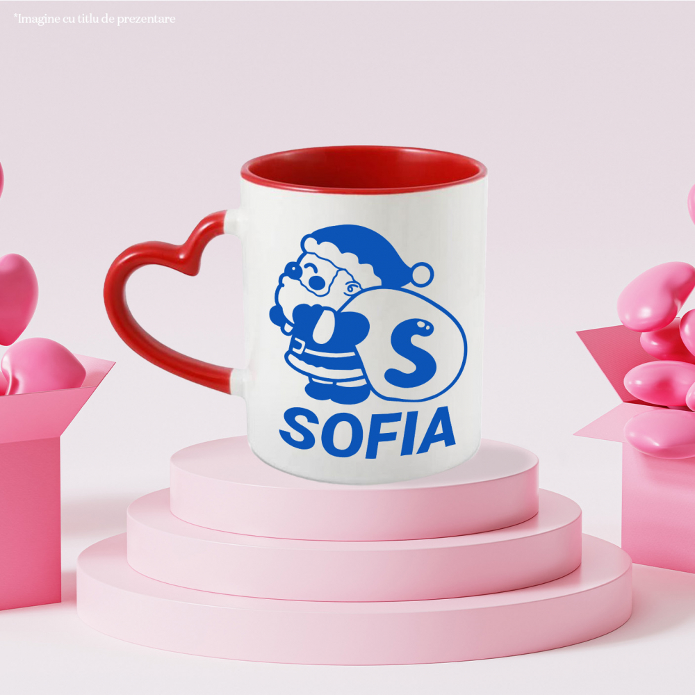 Cana Iubitorii De Iarna, Mos Craciun Cu Sac, Text Nume Personalizat, Copii, Culoare Albastru, Cu Litera, 330ML, Ceramica, Cu Maner Inima Rosie si Interior Rosu [3]