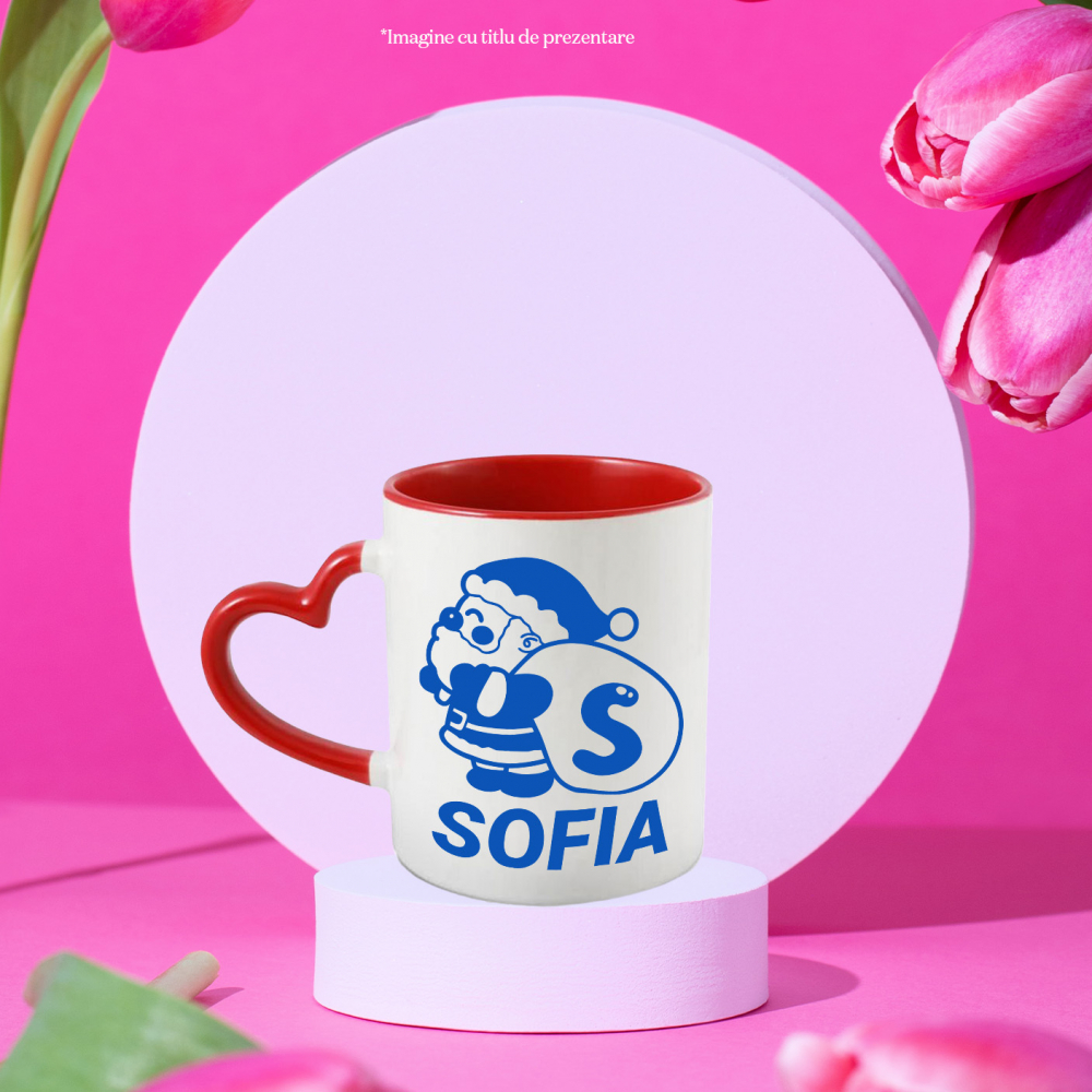 Cana Iubitorii De Iarna, Mos Craciun Cu Sac, Text Nume Personalizat, Copii, Culoare Albastru, Cu Litera, 330ML, Ceramica, Cu Maner Inima Rosie si Interior Rosu [2]